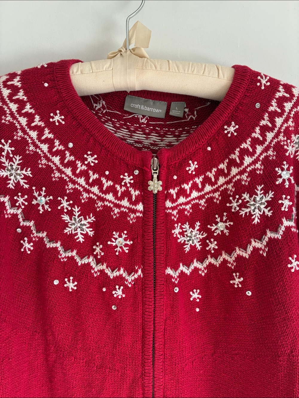 Vintage Croft & Barrow Red Snowflake Full-Zip Holiday Cardigan Sweater L